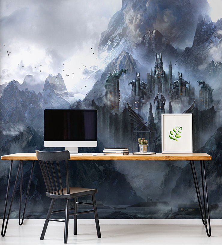 misty dragon castle wall mural in home office