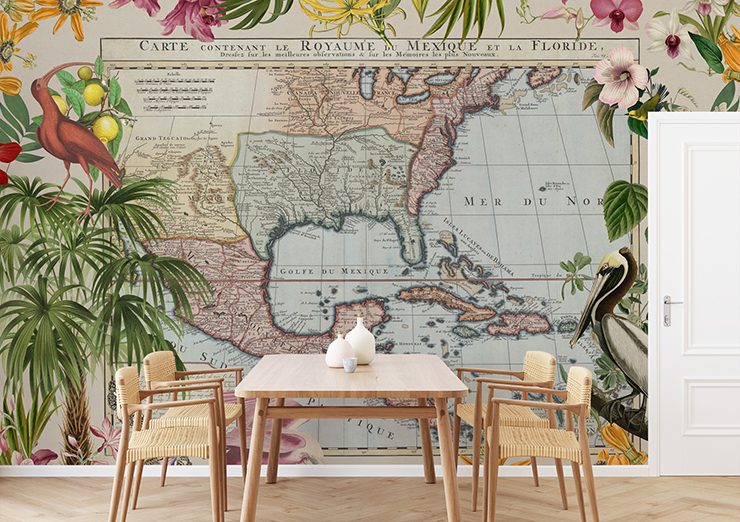 tropical vintage map wallpaper in wood dining room