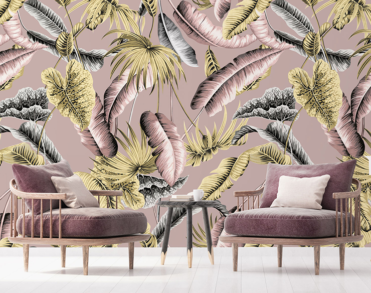 green and purple palm tree wallpaper with purple velvet armchairs