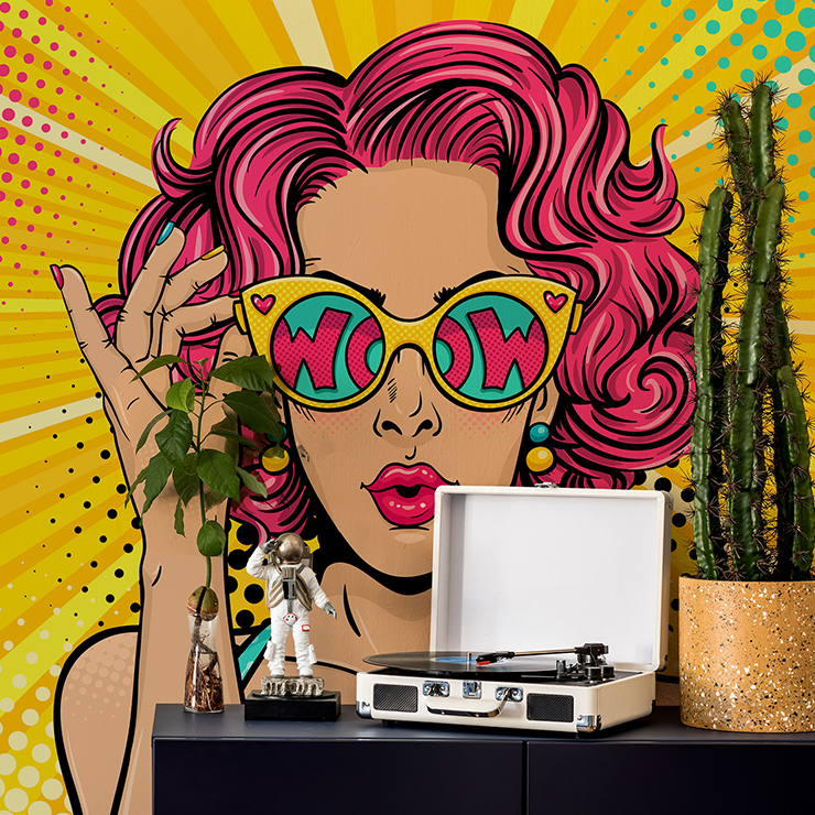 pink haired and glasses saying wow pop art wall mural with record player on shelf