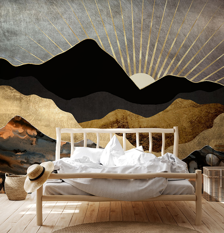 abstract landscape of mountains in boho style bedroom