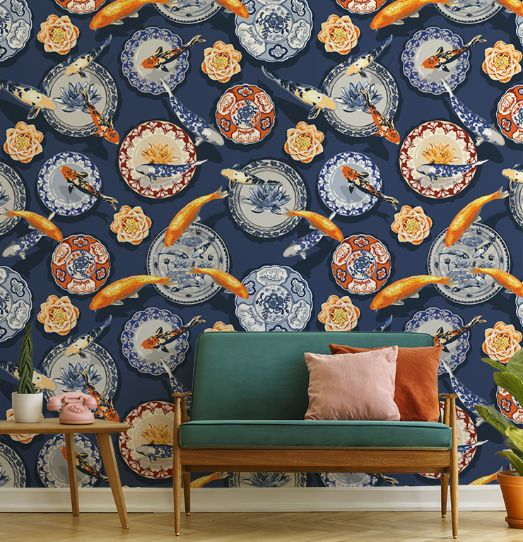 koi fish and plates wallpaper in modern lounge