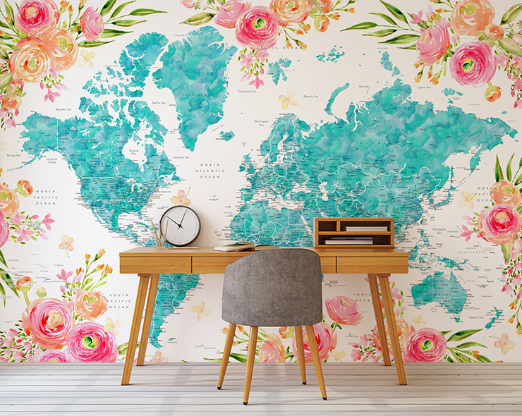 turquoise blue map framed with pink illustrated flowers in sleek home office