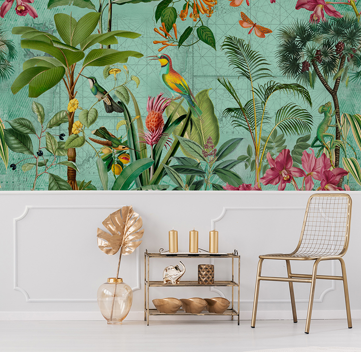 turquoise blue, pink and yellow illustrated jungle wall mural in trendy white and gold lounge