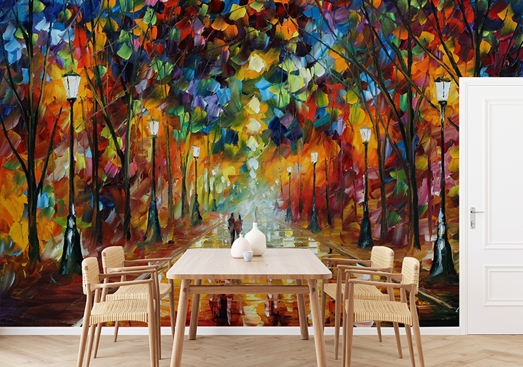 colourful oil painting of a park path wallpaper in minimalist dining room