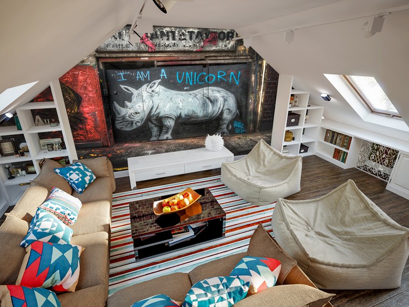 graffiti rhino mural in attic