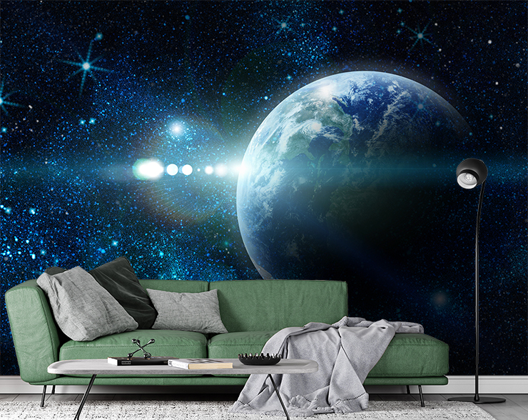 sci fi view of planet earth wallpaper in grey, black and green living room