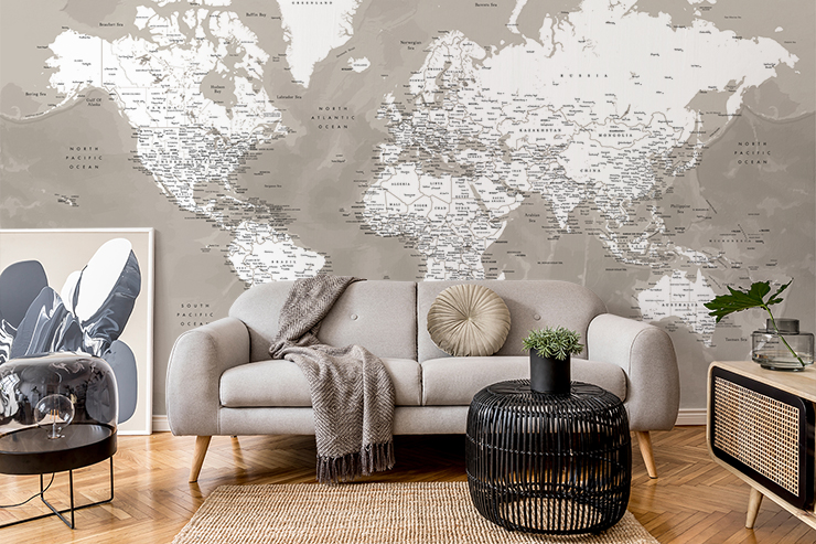 brown/beige and off white world map wallpaper in beautiful grey and beige living room