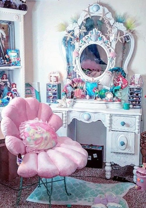makeup vanity with shell mirrors and shell chair