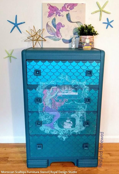 shiny blue dresser with mermaid scales