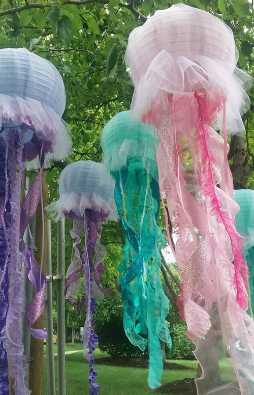 purple, pink and green jelly fish lanterns