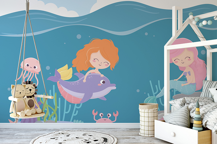 mermaid cartoons girls and dolphin wallpaper in toddlers bedroom