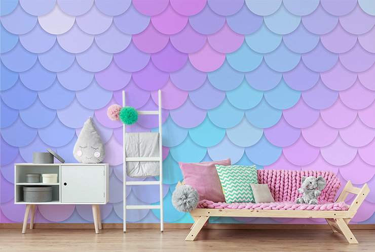 pink, blue, purple mermaid scales in pink girls bedroom