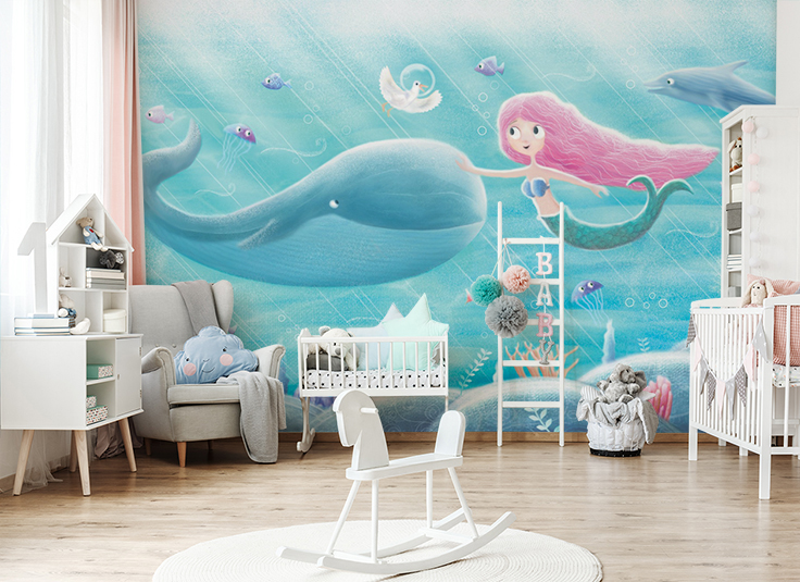 painting of mermaid with whale friend wallpaper in baby's nursery