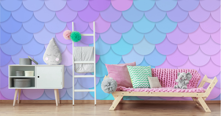 mermaid scales in purple, pink and blue pastel shades wallpaper in green and pink child's bedroom