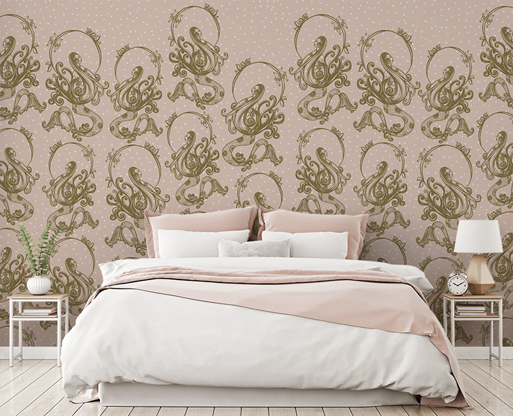 pale peach-pink mermaid pattern wallpaper in white and pink bedroom