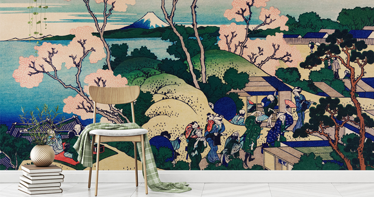 oriental painting of blossom tree, sea, and people living on hill