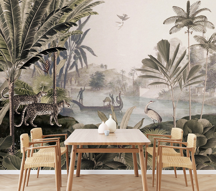 vintage illustrated jungle wallpaper with wooden and wicker dining set 