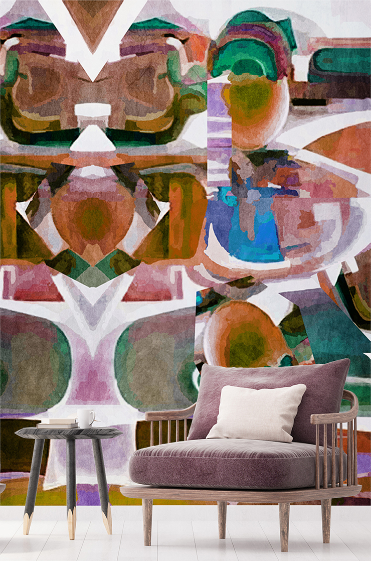 abstract painted art with shapes in orange, brown, blue, green and purple shades in lounge with retro purple armchair