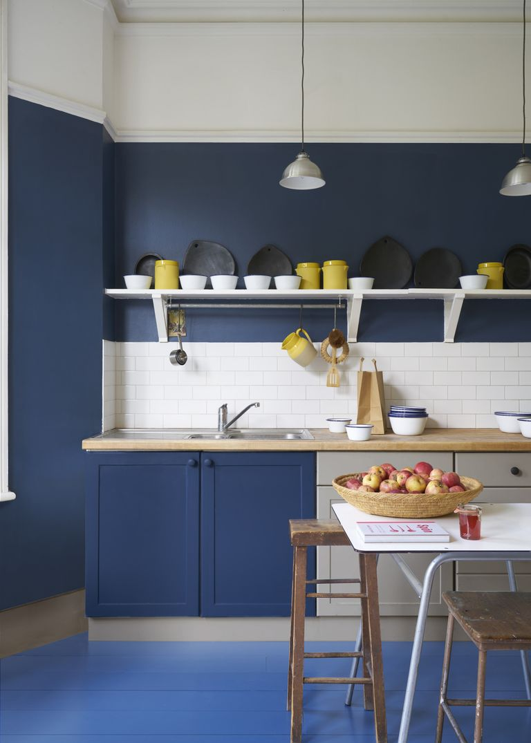 navy blue and white painted walls in sleek kitchen with yellow accessories