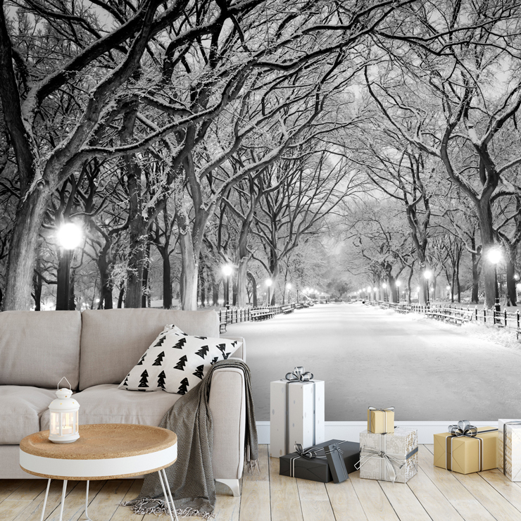 snowy mall in central park wallpaper in grey christmas lounge