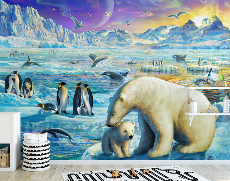 illustration of polar bears and penguins in an arctic setting in black white toddler's bedroom