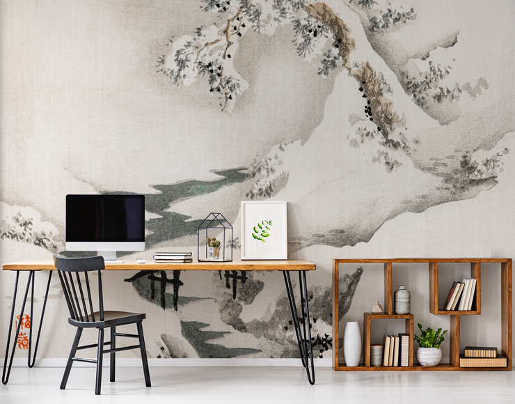 black, grey and off-white painted snow landscape wall mural in trendy modern office