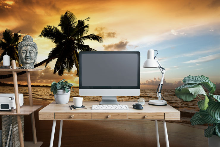 orange sunset with palm tree silhouettes wallpaper in zen home office