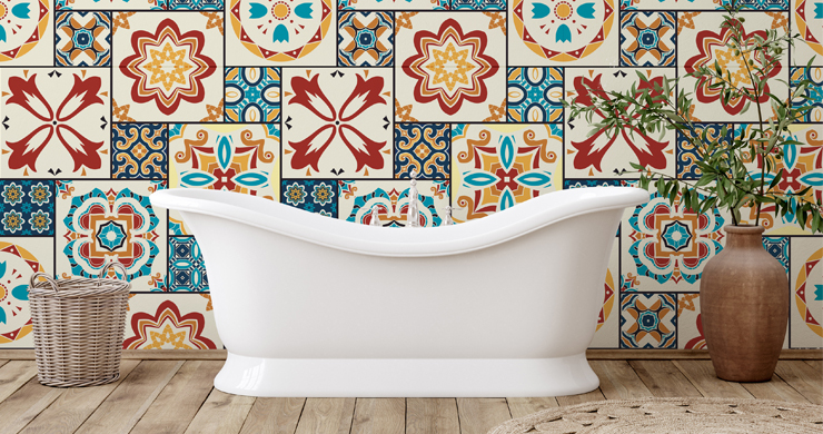 arabic orange tiles in bathroom with stand alone bathtub