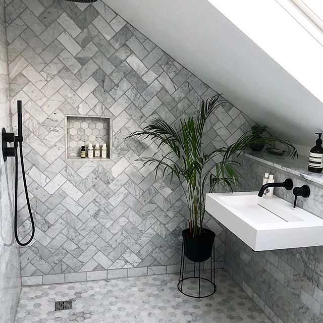beautiful grey tiled walls and floor bathroom with walk-in shower