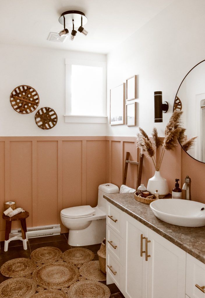 bathroom with white walls and terracotta panelling