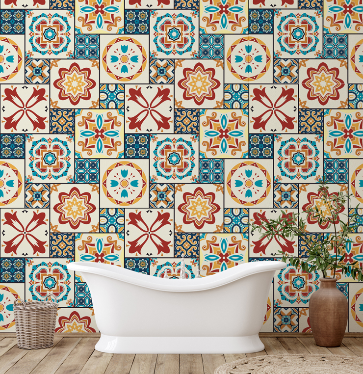 vintage patterned tile wallpaper in orange colours in bathroom with free-standing bathtub