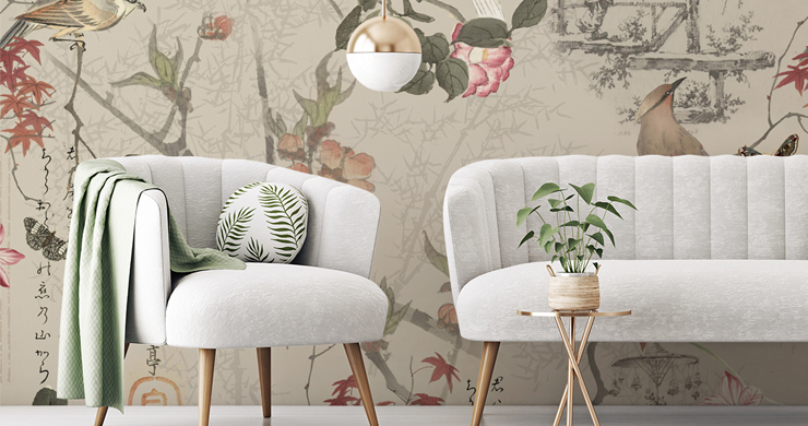 oriental natural colour chinoiserie pattern with flowers and birds in pale grey and green lounge