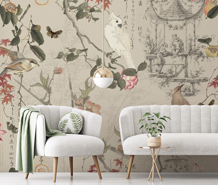 oriental wallpaper with birds and pink flowers in grey and grey chic living room