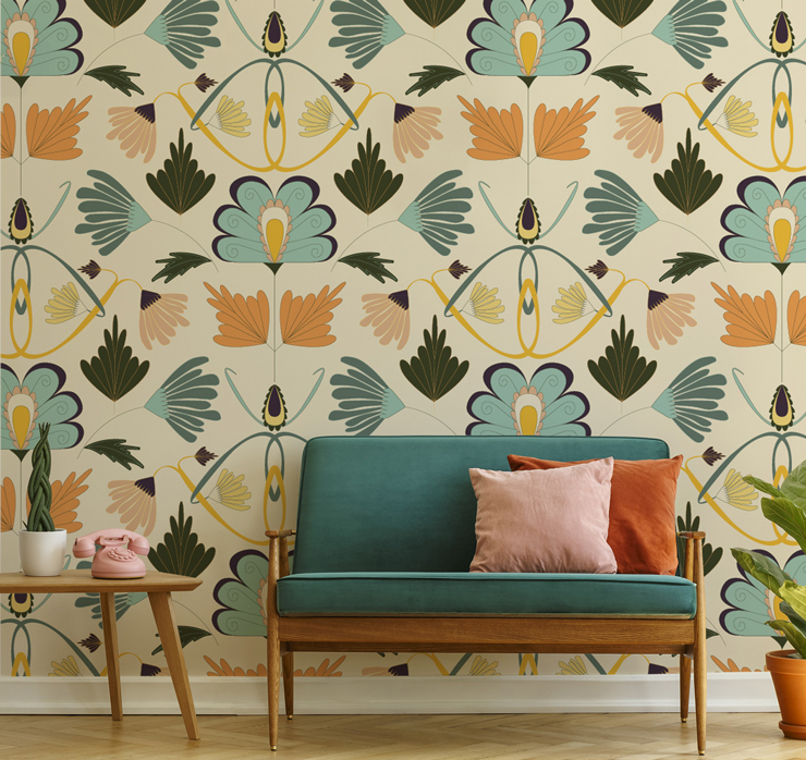 art nouveau floral wallpaper with blue, orange and pink tones in retro lounge with teal, orange and pink sofa