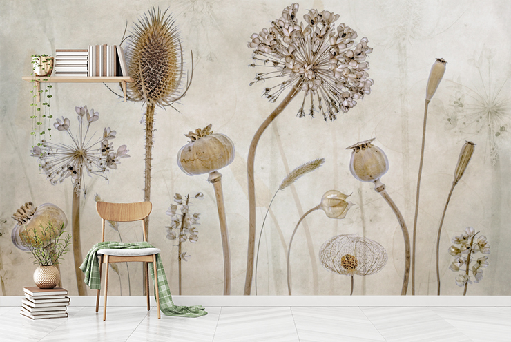 dried meadow flowers wall mural in simple room with wooden shelves and chair