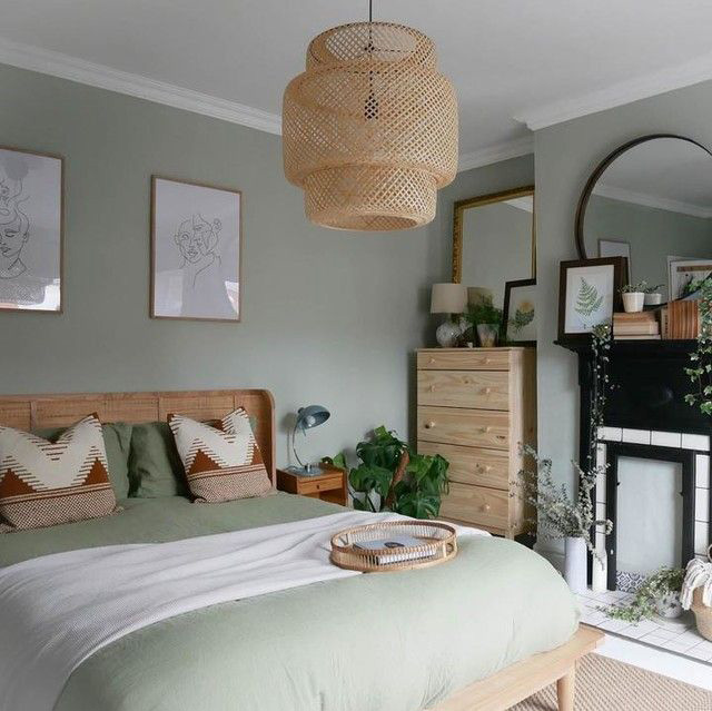 off white and pale green bedroom