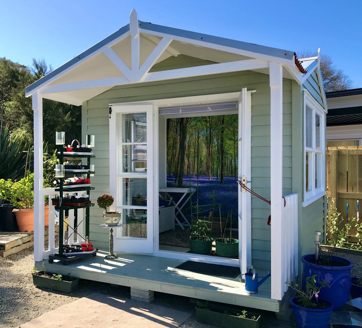 outdoor summer house with bluebell wallpaper