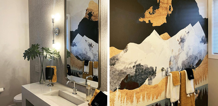 black and gold abstract mountain wallpaper in gold and black bathroom