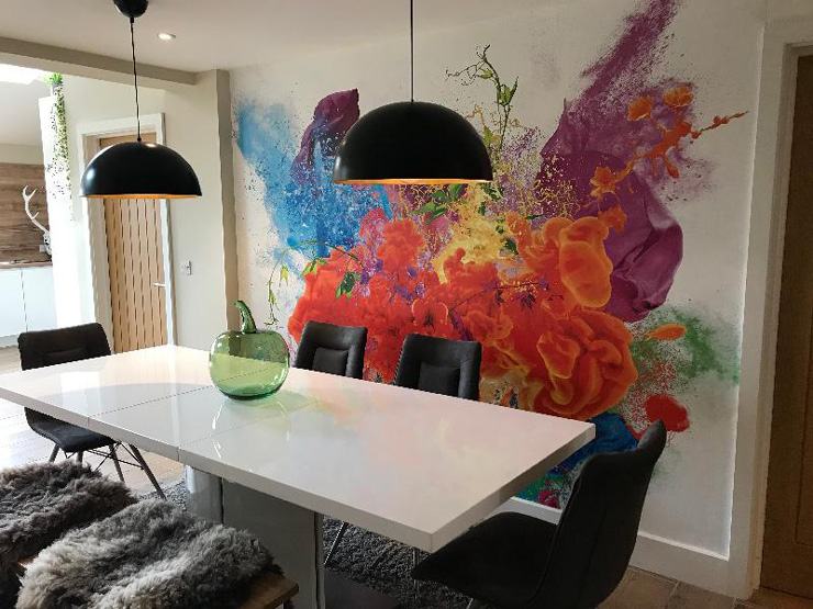 burst of colour wallpaper in trendy dining room