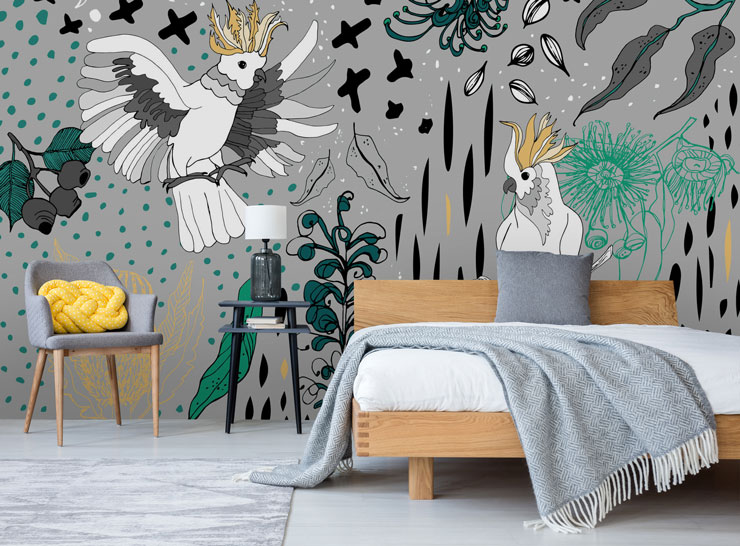 illustration of cockatoos on grey background wallpaper in grey and yellow bedroom