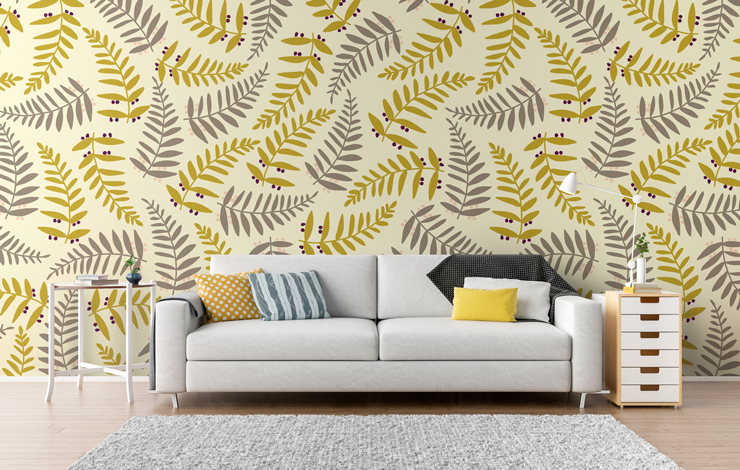grey and mustard leaves wallpaper in minimalist lounge