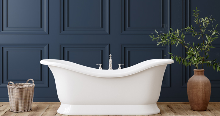 3d navy blue panel wallpaper in bathroom with free-standing white bath tub