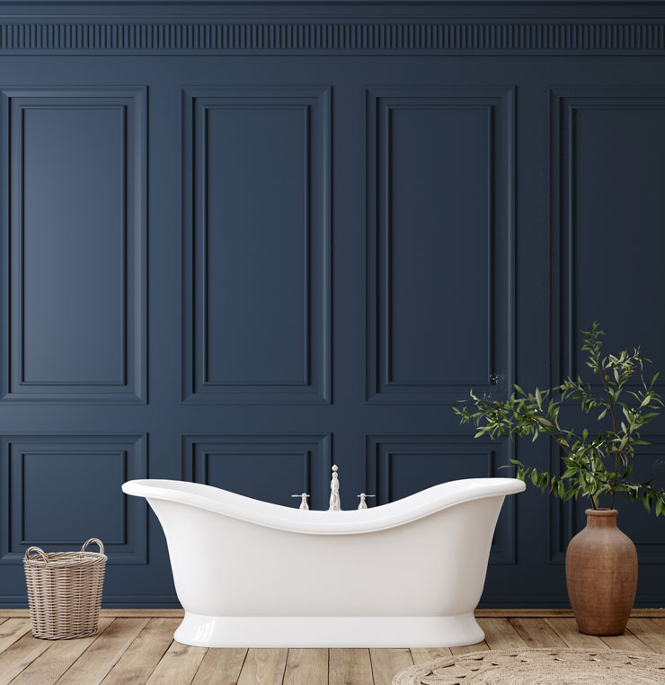 3D navy blue panel wallpaper in luxury bathroom with free standing bath tub