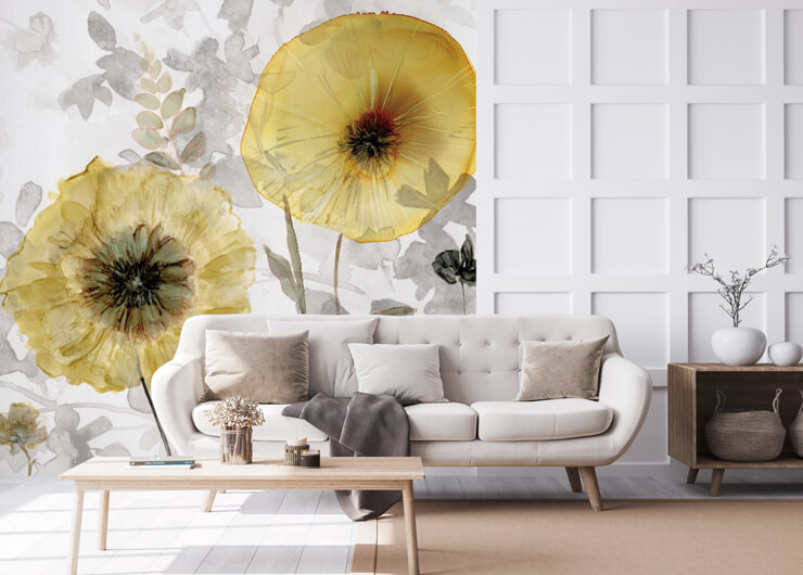 gold and grey painted floral wallpaper in lounge with white panel walls and beige accessories