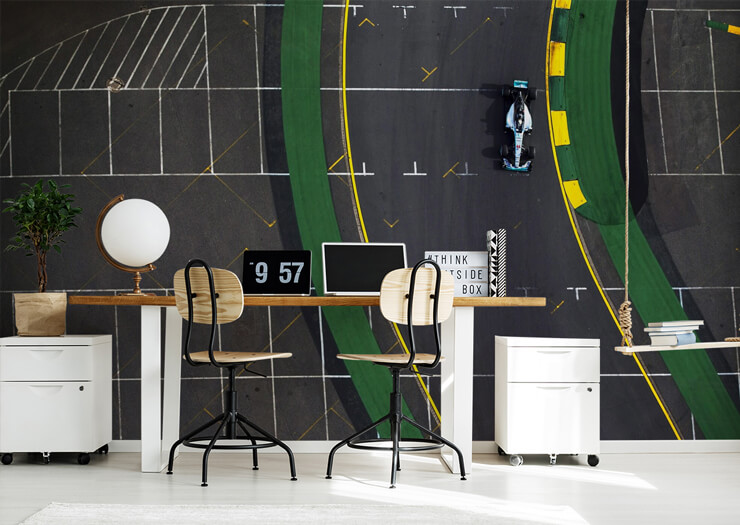 aerial view of green, black and yellow racetrack from Lewis Hamilton race 2015 wallpaper in trendy home office