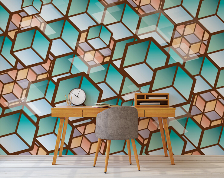 3D effect green and orange cube wallpaper in home office with wooden mid century desk and grey chair