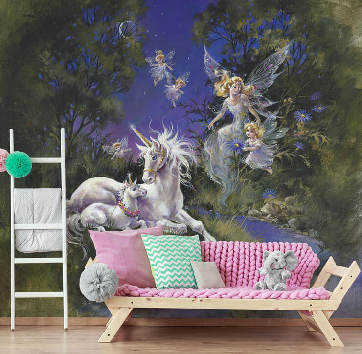 flying fairy mum and daughters and unicorn and foal vintage illustration wallpaper in child's bedroom with pink and green couch