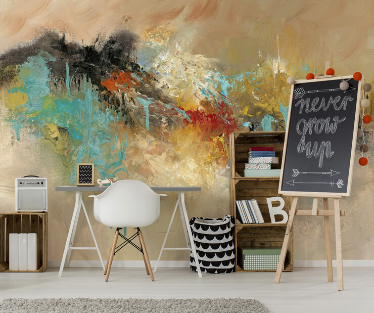 abstract painting with reds, whites and green shades wallpaper in a teen's desk area