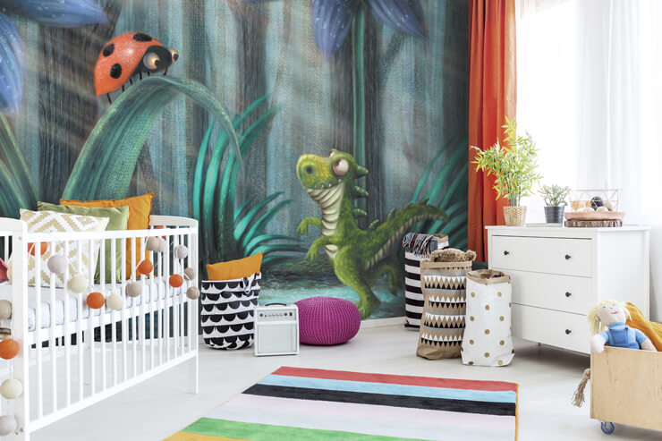 illustration of baby dinosaur and ladybird in tall grass wall mural in modern nursery
